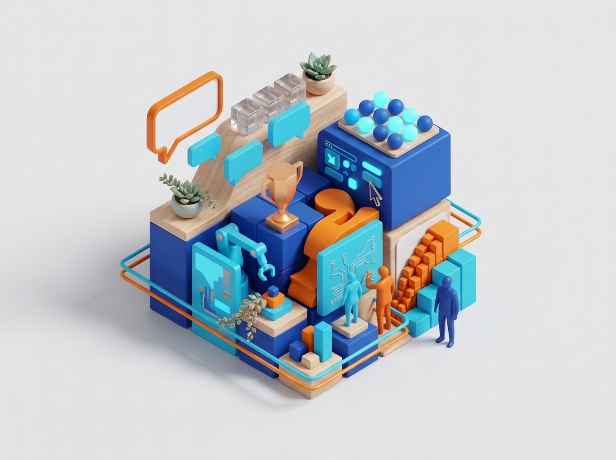 Illustration isométrique : bras robotisé, écran d'interface et sphères représentant le prototypage assisté par IA