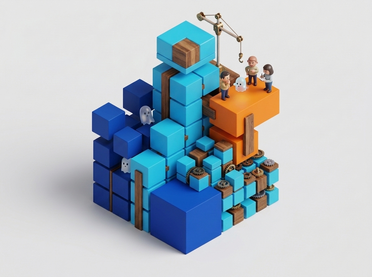 Illustration isométrique : assemblage de blocs de tailles variées représentant une bibliothèque de composants