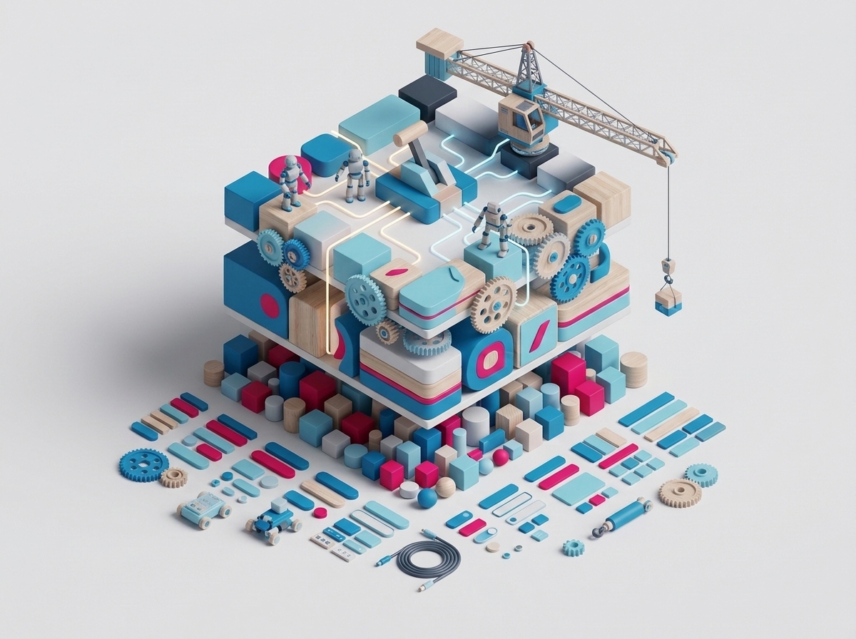 Illustration isométrique : structure en 3 couches empilées, tokens qui se propagent vers des composants d'interface